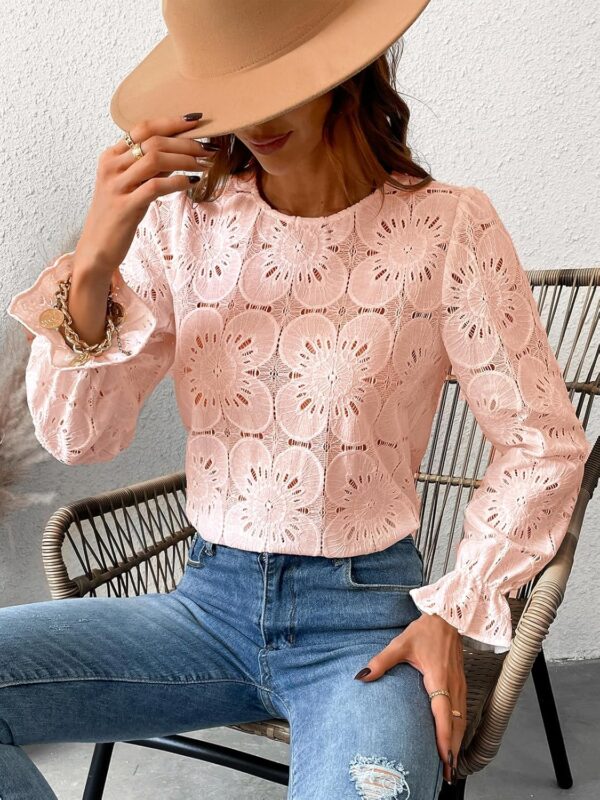 CUPSHE Women Eyelet Long Sleeve Tops Shirts Dressy Hollow Out Crochet Lace Embroidered Blouses 2025 Fashion