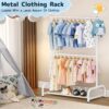 Double Rod Kids Clothing Rack for Hanging Clothes, Small Dress up Storage with Bottom Shelf, Metal Garment Rack for Shirts, Dance Costumes, and Baby Clothes (White)