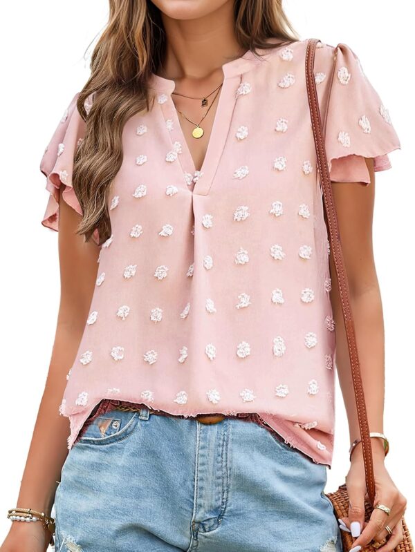 Womens Blouse V Neck Ruffle Short Sleeve Flowy Shirts Dressy Casual Cute Summer Tops Tunic Fashion Clothes