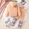 Toddler Kid Girl Clothes Bear Print Drop Shoulder Hoodie Put Together Plaid Pants 2PC Outfit Set