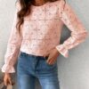 CUPSHE Women Eyelet Long Sleeve Tops Shirts Dressy Hollow Out Crochet Lace Embroidered Blouses 2025 Fashion