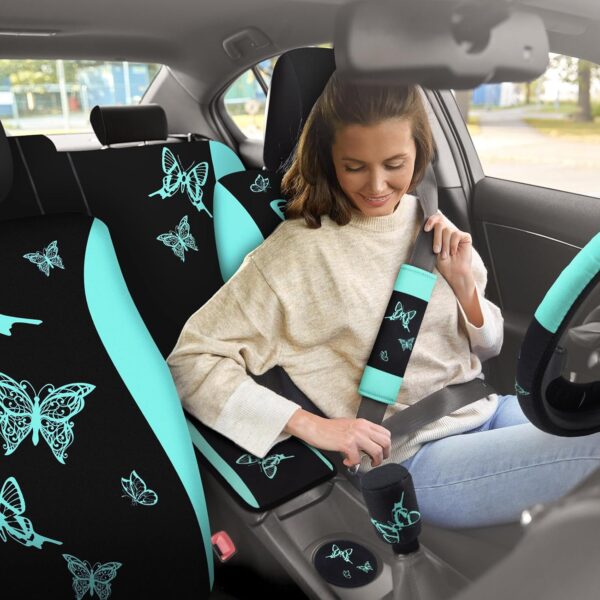 BBTO 43 Pcs Butterfly Car Seat Full Set Butterfly Car Accessories for Women 5 Front Rear Seat Covers Wrist Strap 2 Pcs Cup Mat Armrest Pad 2 Belt Cover Accessories for SUV(Mint Green, Black)