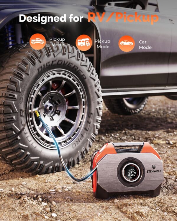 ETENWOLF VORTEX S6 Tire Inflator Portable Air Compressor for Heavy-duty Vehicle, Cordless Air Pump for Car & Inflatables with 19200 mAh Battery, 100% Duty Cycle & Dual Cylinder Bike Pump, Vivid Orange