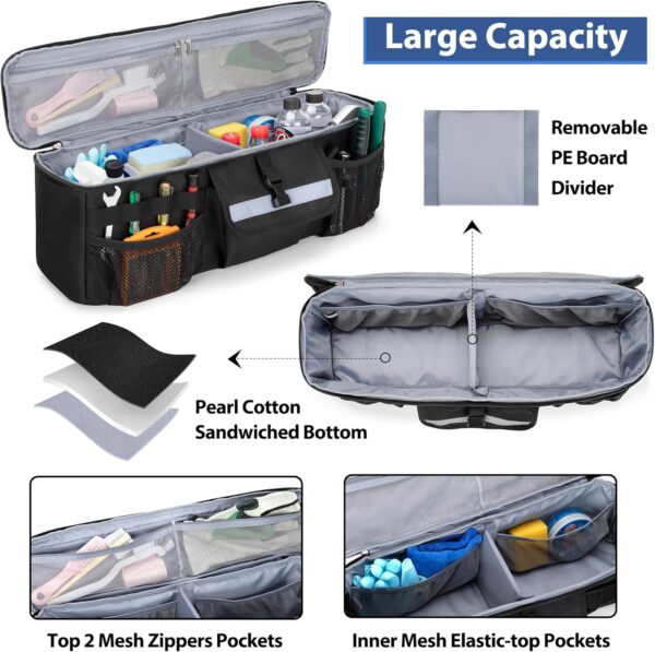 Car Trunk Organizer Compatible with Toyota FJ Cruiser 2007-2021, Rear Storage Bag with 3 Pieces of 1.5” Wide Hook&Loop Tapes, 2 Adjustable Hanging Loops, Multiple Pockets, Black