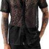 LecGee Men Summer Casual Short Sets Lace Short Sleeve Button Down Shirt Elastic Waist Shorts 2 Piece Outfits Tracksuit