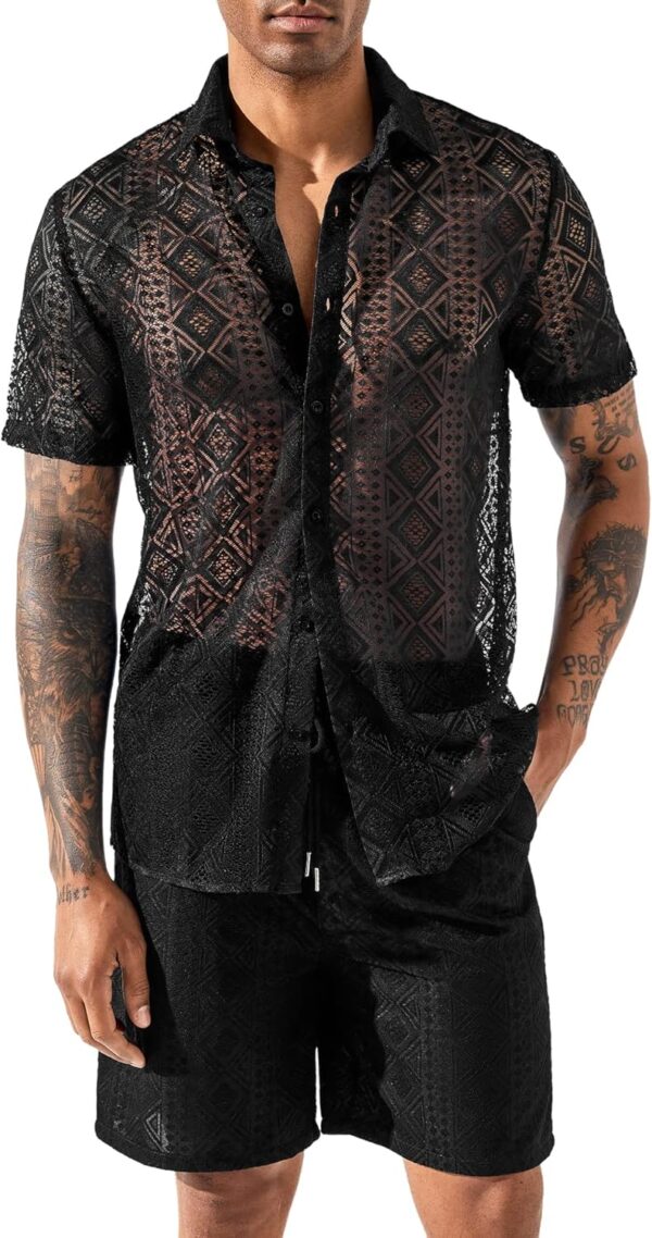 LecGee Men Summer Casual Short Sets Lace Short Sleeve Button Down Shirt Elastic Waist Shorts 2 Piece Outfits Tracksuit