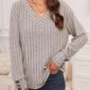 Dokotoo Womens Soft Long Sleeve V Neck Shirts Solid Casual Decorative Buttons Knitted Pullover Tunic Tops