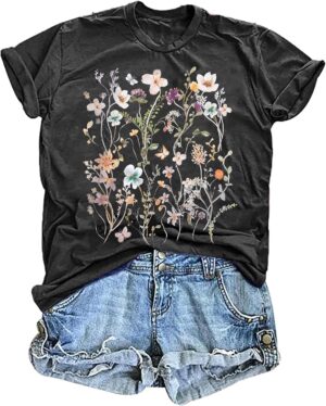 Women's Vintage Floral T Shirt Boho Wildflower Graphic Loose Tees Short Sleeve Casual Tops