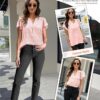 Womens Blouse V Neck Ruffle Short Sleeve Flowy Shirts Dressy Casual Cute Summer Tops Tunic Fashion Clothes