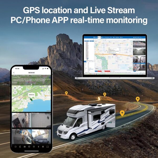 6CH AI WiFi GPS Sentry Mode RV Backup Camera System 10.1" Touch Screen Monitor with 4 1080P Rear Side View Camera,Mobile DVR Recording Live View on APP/Web/PC for Truck Trailer Tractor Fleet