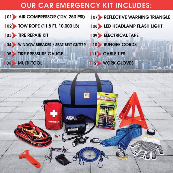 90 Piece Car Emergency Roadside Kit Tool Set w/Safety Kit for Women & Men - Essential Safety & Survival Assistance Kit for Travel, Camping, Road Trip, Truck, SUV