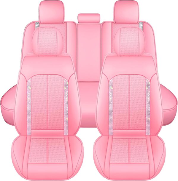 Pink Bling Car Seat Covers Full Set | Cute Girly Faux Leather Seat Covers for Women | Universal Fit for Most Cars