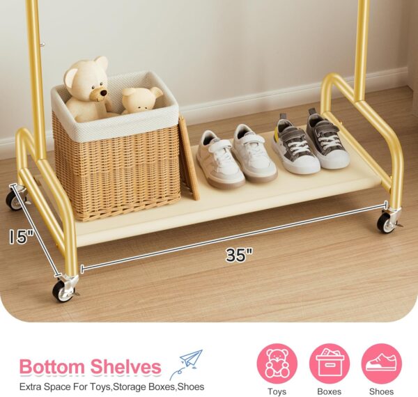 SLEEPING LAMB Kids Dress Up Rack with Wheels, Metal Small Kids Clothing Rack for Hanging Clothes with Bottom Shelf, Baby Dress Up Storage Wardrobe for Little Girls,Toddler, Gold