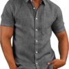 COOFANDY Men's Casual Button Down Shirts Short Sleeve Linen Shirts Summer Beach Dress Shirt