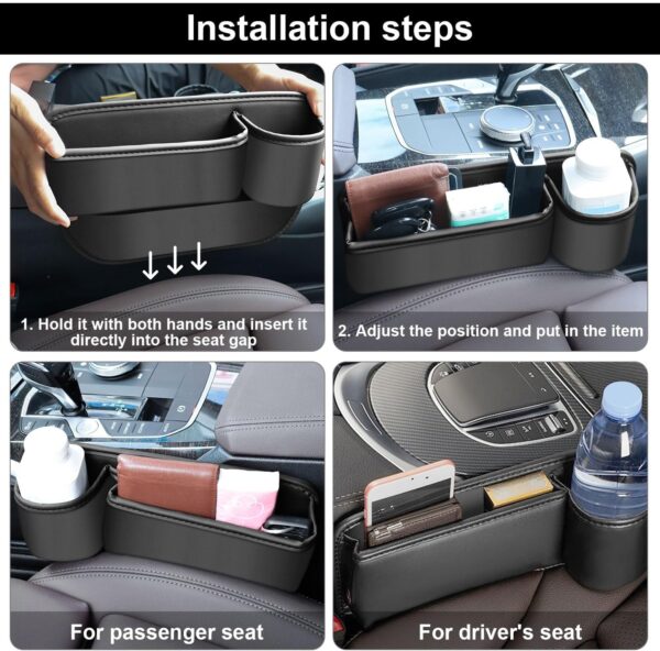 Car Seat Gap Filler Organizer with Cup Holder, 2 Pack Adjustable Leather Car Side Seat Storage Box, Multifunction Interior Storage Organizer for Phones Keys Sunglasses Cards, Black