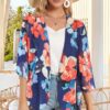 Women's Floral Print Puff Sleeve Kimono Cardigan Loose Cover Up Casual Blouse Tops