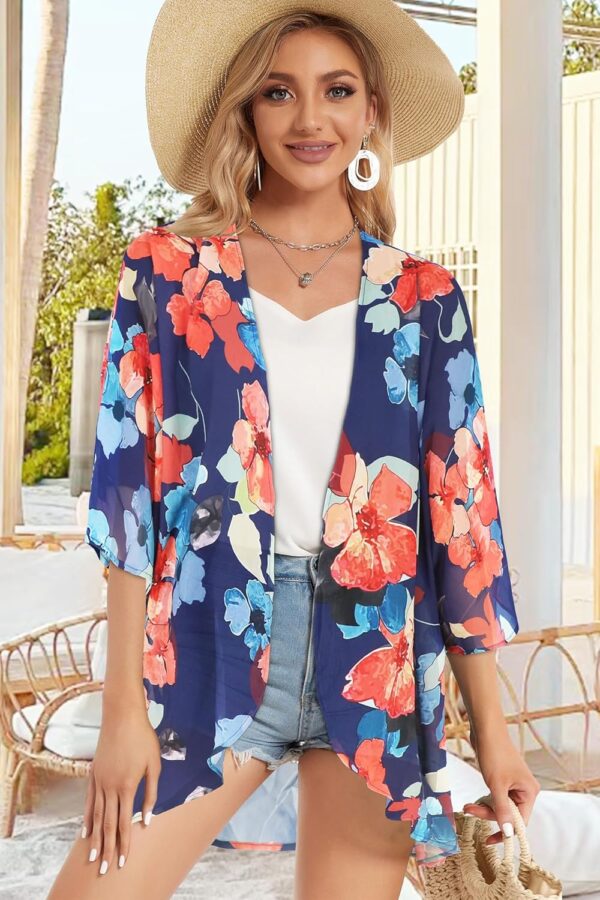 Women's Floral Print Puff Sleeve Kimono Cardigan Loose Cover Up Casual Blouse Tops