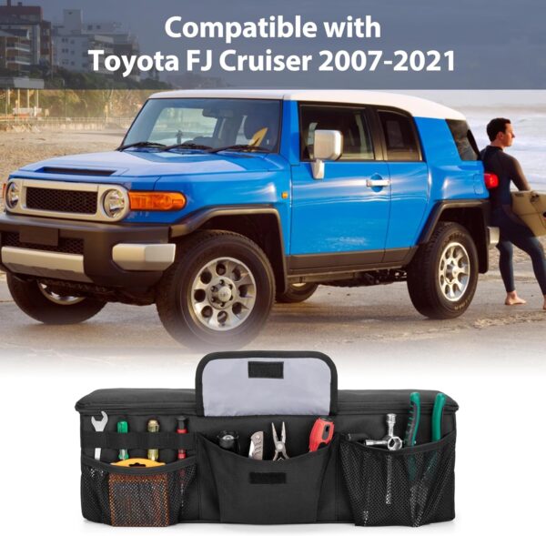 Car Trunk Organizer Compatible with Toyota FJ Cruiser 2007-2021, Rear Storage Bag with 3 Pieces of 1.5” Wide Hook&Loop Tapes, 2 Adjustable Hanging Loops, Multiple Pockets, Black