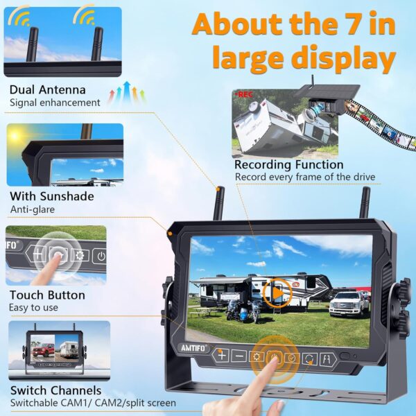 RV Backup Camera Wireless Install-Free 2-Cameras: Magnetic Shockproof with 2 Iron Brackets 7 Inch Rear View Camera for Trailer Truck - Solar Reverse Camera Recording Stable Signal - AMTIFO A9