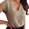 ANRABESS Women Tops Cap Sleeve Textured Dressy Casual V Neck Shirts 2025 Summer Business Work Blouses Outfits