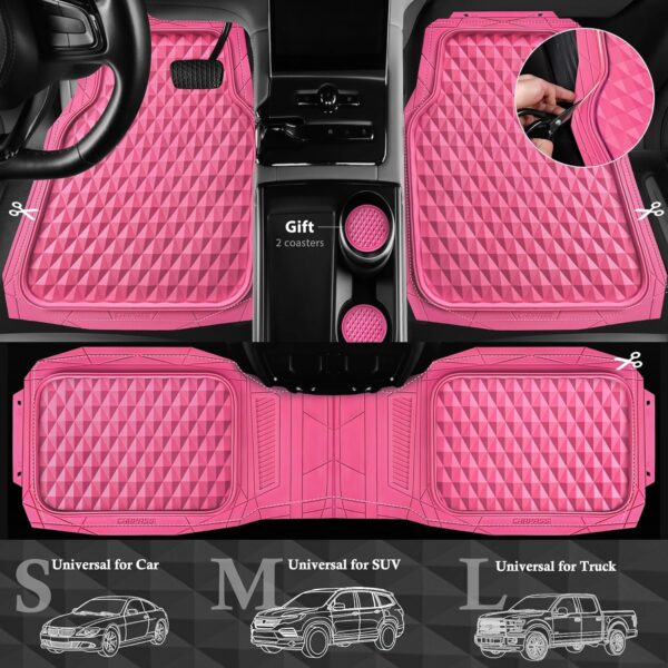 CAR PASS Heavy Duty Rubber Pink Car Floor Mats, Deep Dish All-Weather Full Set Durable Anti-Slip 3D Rhombus Waterproof Trim to Fit Liner Universal Fit Automotive,Sedan,SUV,Truck, 3 Pcs Hot Pink