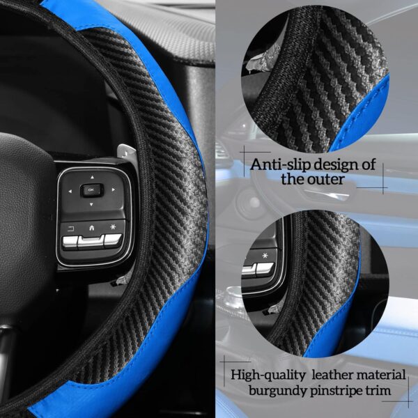 Riakrum 30 Pcs Car Accessories Set Blue and Black PU Leather Steering Wheel Cover Auto Interior Accessories Gift Car Vent Trim Strips Air Conditioner Insert Strips with Installation Tool