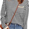 LILLUSORY Womens Oversized Striped Soft Knit Pullover Sweater Shirts with Chest Pocket