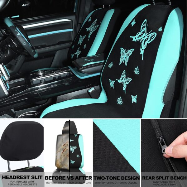 BBTO 43 Pcs Butterfly Car Seat Full Set Butterfly Car Accessories for Women 5 Front Rear Seat Covers Wrist Strap 2 Pcs Cup Mat Armrest Pad 2 Belt Cover Accessories for SUV(Mint Green, Black)