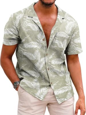 COOFANDY Men's Hawaiian Floral Shirts Cotton Linen Button Down Tropical Holiday Beach Shirts