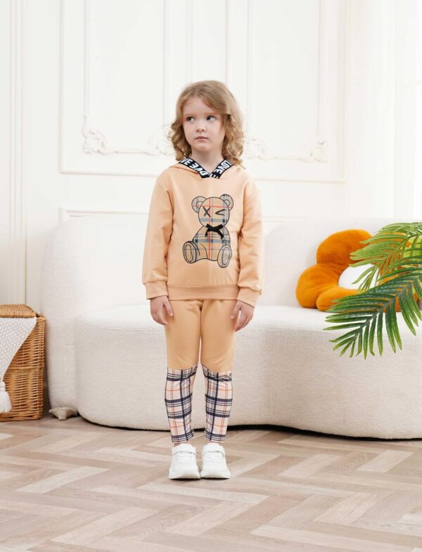 Toddler Kid Girl Clothes Bear Print Drop Shoulder Hoodie Put Together Plaid Pants 2PC Outfit Set