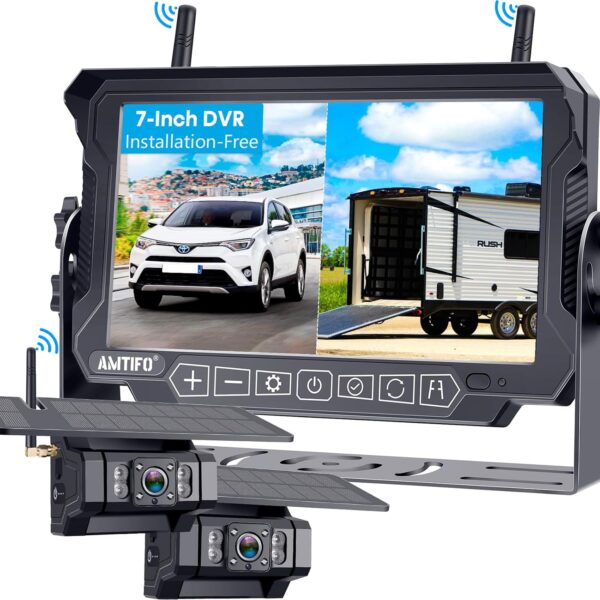 RV Backup Camera Wireless Install-Free 2-Cameras: Magnetic Shockproof with 2 Iron Brackets 7 Inch Rear View Camera for Trailer Truck - Solar Reverse Camera Recording Stable Signal - AMTIFO A9