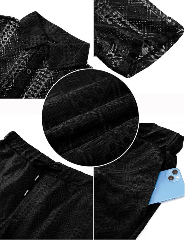 LecGee Men Summer Casual Short Sets Lace Short Sleeve Button Down Shirt Elastic Waist Shorts 2 Piece Outfits Tracksuit