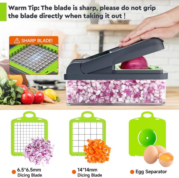 12-in-1 Vegetable Chopper, 7 Blade Veggie Chopper, Practical Food Chopper with Container, Cheese Grater, Home Essentials & Kitchen Gadgets(Green/Grey)