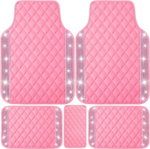 NBTEPEM Pink Bling Leather Car Floor Mats Full Set, Sparkly Diamond Car Mats Universal Fit Most Automotive, Glitter Rhinestone Carpet Waterproof Anti-Slip, 5 pcs Set (Pink Leather Diamond)