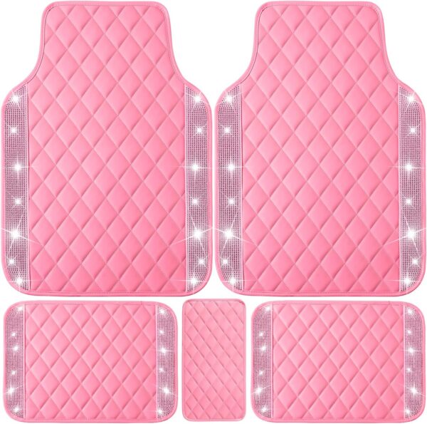 NBTEPEM Pink Bling Leather Car Floor Mats Full Set, Sparkly Diamond Car Mats Universal Fit Most Automotive, Glitter Rhinestone Carpet Waterproof Anti-Slip, 5 pcs Set (Pink Leather Diamond)