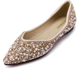 Women's Rhinestone Flats Fashion Pointed Toe Pearl Diamond Low Heel Dress Wedding Flats Work Business Dance Ballet Flats