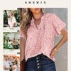 SHEWIN Women's Casual V Neck Floral Print Smocked Short Sleeve Chiffon Blouses Bohemian Top Shirts