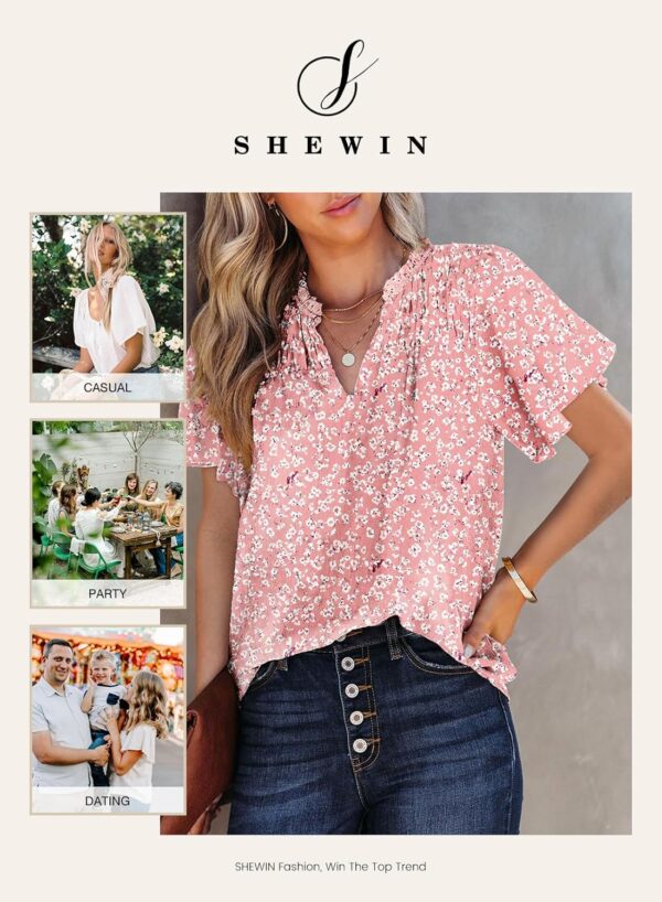 SHEWIN Women's Casual V Neck Floral Print Smocked Short Sleeve Chiffon Blouses Bohemian Top Shirts