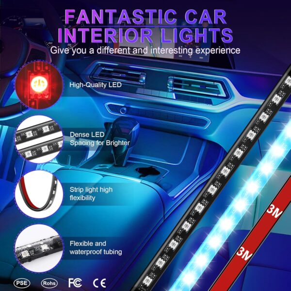 LivTee Accent Interior Car Lights, Smart Car Interior Lights with App Control, RGB LED Lights with Music Mode and DIY Mode, 2 Lines Design LED Lights for Cars with Charger, Car Accessories for Women