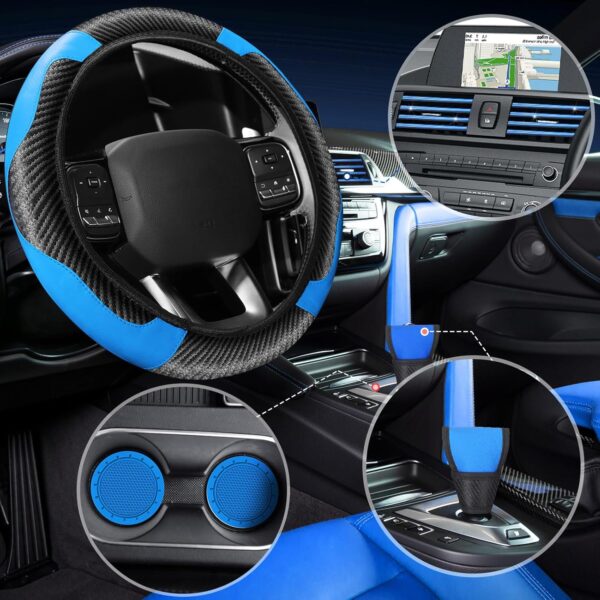 Riakrum 30 Pcs Car Accessories Set Blue and Black PU Leather Steering Wheel Cover Auto Interior Accessories Gift Car Vent Trim Strips Air Conditioner Insert Strips with Installation Tool