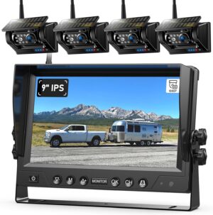 4 Magnetic Solar Wireless Backup Camera HD1080P 9" Loop Recording Monitor, Quad RV Rearview Backup Cameras Wireless System for Trailer RV Trucks, Built-in 9600mAh Solar Battery, BL904