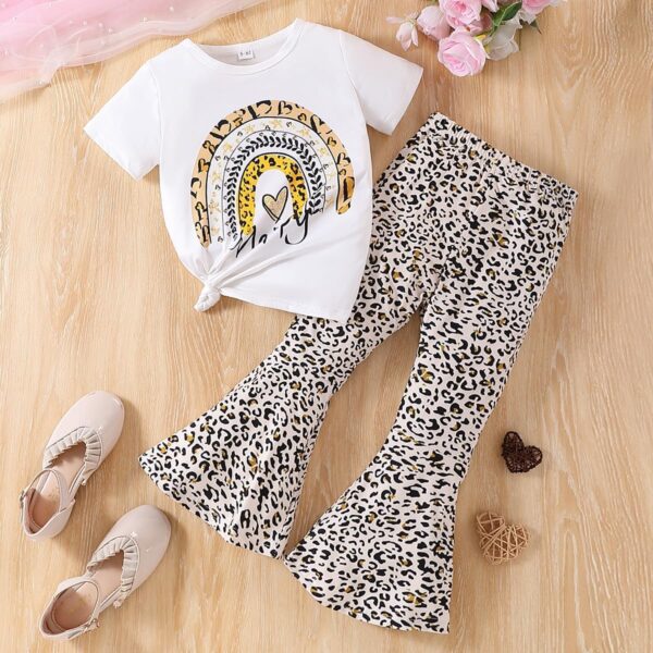 Kids Toddler Girl Clothes Letter Print Graphic Top + Leopard Print Flare Leg Pants 2PC Summer Clothing Set