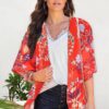 Women's Floral Print Puff Sleeve Kimono Cardigan Loose Cover Up Casual Blouse Tops