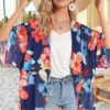 Women's Floral Print Puff Sleeve Kimono Cardigan Loose Cover Up Casual Blouse Tops