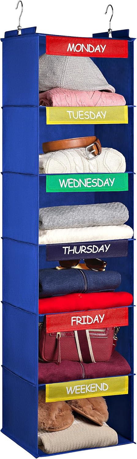 Weekly Clothes Organizer for Kids - 6-Shelf - Hanging Closet Daily Clothing Organization Labeled Shelves with Days of The Week Monday Through Friday, Weekday and Weekend. (Blue)