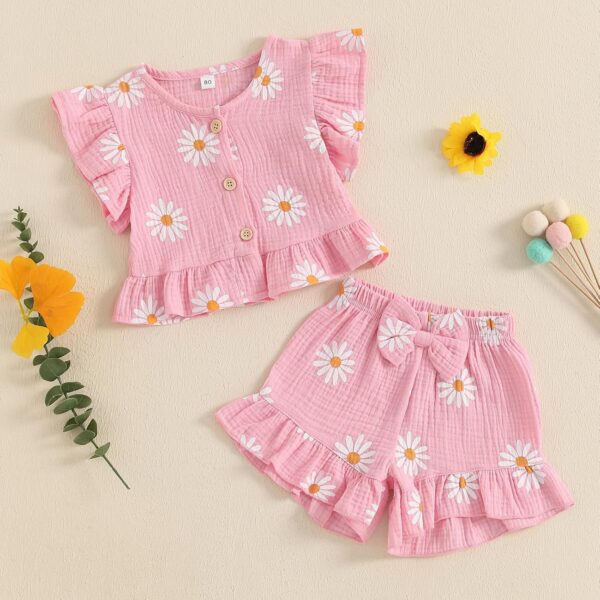 BemeyourBBs Summer Toddler Girl Clothes Baby Girl Ruffle Sleeveless Shirt with Buttons Bow Bloomers Shorts Set Cute Outfits