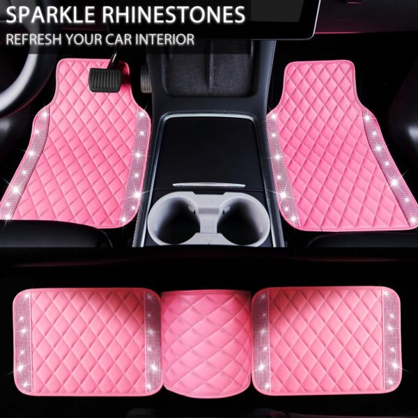 NBTEPEM Pink Bling Leather Car Floor Mats Full Set, Sparkly Diamond Car Mats Universal Fit Most Automotive, Glitter Rhinestone Carpet Waterproof Anti-Slip, 5 pcs Set (Pink Leather Diamond)