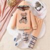 Toddler Kid Girl Clothes Bear Print Drop Shoulder Hoodie Put Together Plaid Pants 2PC Outfit Set