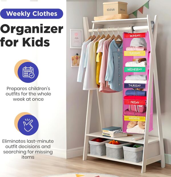 Weekly Clothes Organizer for Kids - 6-Shelf - Hanging Closet Daily Clothing Organization Labeled Shelves with Days of the Week Monday Through Friday, Weekday and Weekend (Pink)