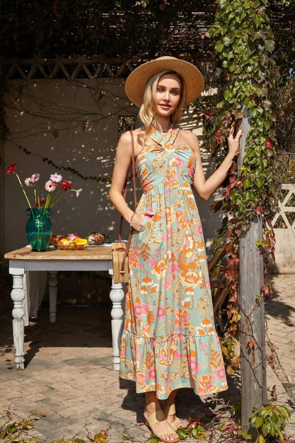 GRACE KARIN 2025 Women's Criss Cross Halterneck Sleeveless Summer Floral Print Flowy A Line Maxi Dress